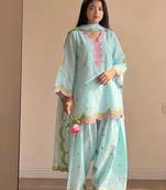 Electric blue mal chanderi cotton party wear embroidery farshi salwar suit set
