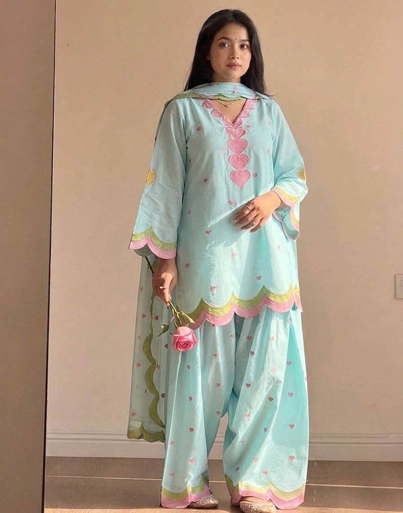 Electric blue mal chanderi cotton party wear embroidery farshi salwar suit set
