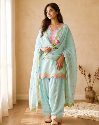Electric blue mal chanderi cotton party wear embroidery farshi salwar suit set 2