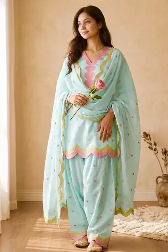 Electric blue mal chanderi cotton party wear embroidery farshi salwar suit set