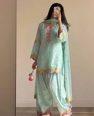 Electric blue mal chanderi cotton party wear embroidery farshi salwar suit set 3