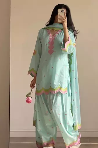Electric blue mal chanderi cotton party wear embroidery farshi salwar suit set