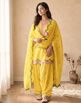 Yellow mal chanderi cotton party wear embroidery farshi salwar suit set 1