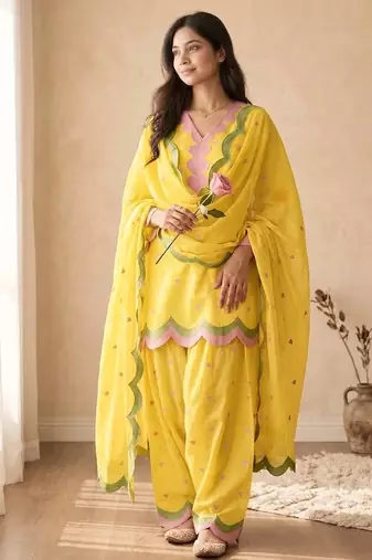 Yellow mal chanderi cotton party wear embroidery farshi salwar suit set