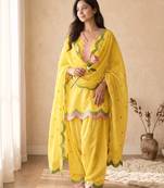 Yellow mal chanderi cotton party wear embroidery farshi salwar suit set