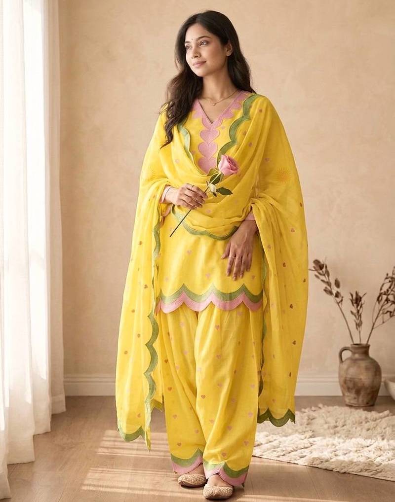 Yellow mal chanderi cotton party wear embroidery farshi salwar suit set