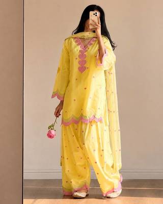 Yellow mal chanderi cotton party wear embroidery farshi salwar suit set 2