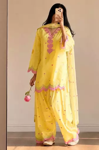 Yellow mal chanderi cotton party wear embroidery farshi salwar suit set