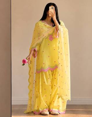 Yellow mal chanderi cotton party wear embroidery farshi salwar suit set 3