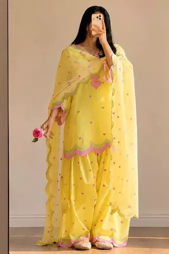 Yellow mal chanderi cotton party wear embroidery farshi salwar suit set
