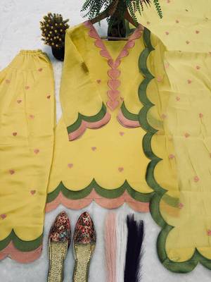 Yellow mal chanderi cotton party wear embroidery farshi salwar suit set 4