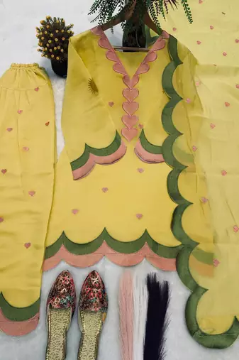 Yellow mal chanderi cotton party wear embroidery farshi salwar suit set