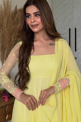 Yellow pure faux georgette embroidery wear anarkali suit set