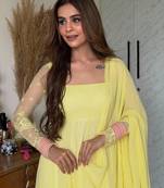 Yellow pure faux georgette embroidery wear anarkali suit set