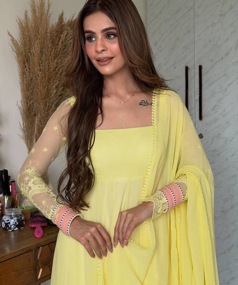 Yellow pure faux georgette embroidery wear anarkali suit set