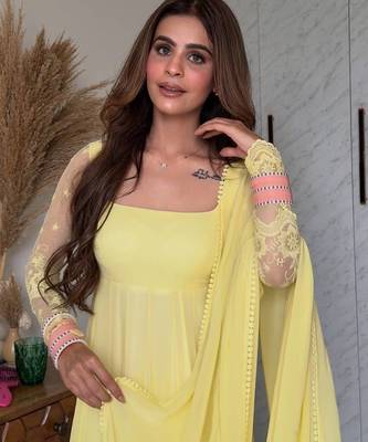 Yellow pure faux georgette embroidery wear anarkali suit set 2