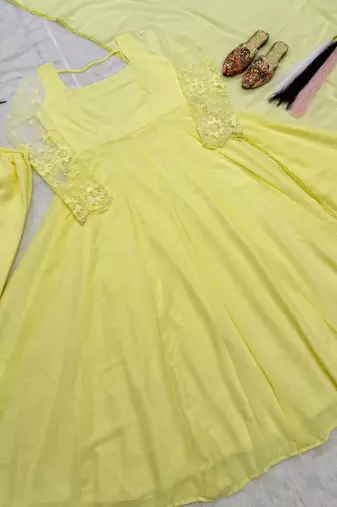 Yellow pure faux georgette embroidery wear anarkali suit set