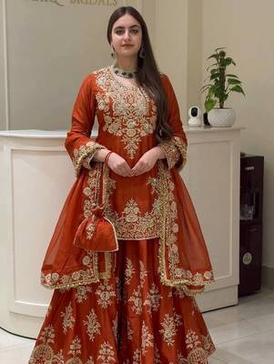 Brown heavy natural silk party wear embroidery suit set 1