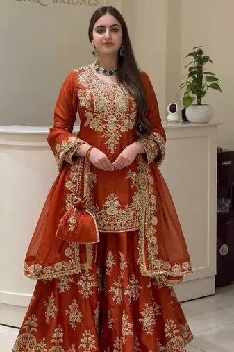 Brown heavy natural silk party wear embroidery suit set