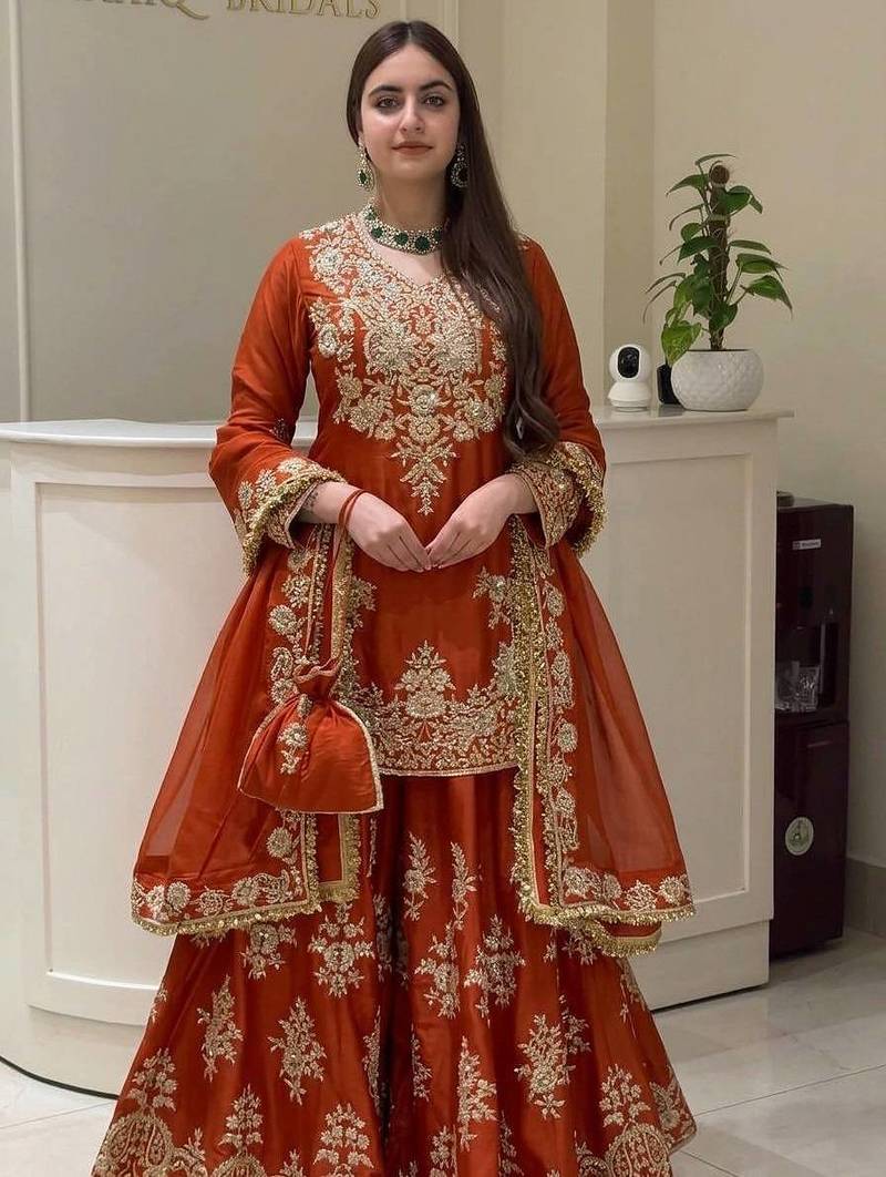 Brown heavy natural silk party wear embroidery suit set