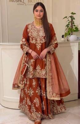 Brown heavy natural silk party wear embroidery suit set 2