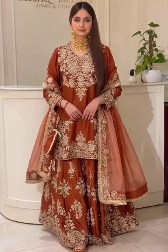 Brown heavy natural silk party wear embroidery suit set