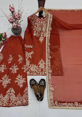 Brown heavy natural silk party wear embroidery suit set 3