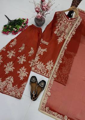 Brown heavy natural silk party wear embroidery suit set 4