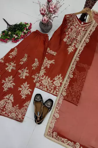 Brown heavy natural silk party wear embroidery suit set