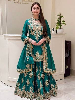 Green heavy natural silk party wear embroidery suit set 1