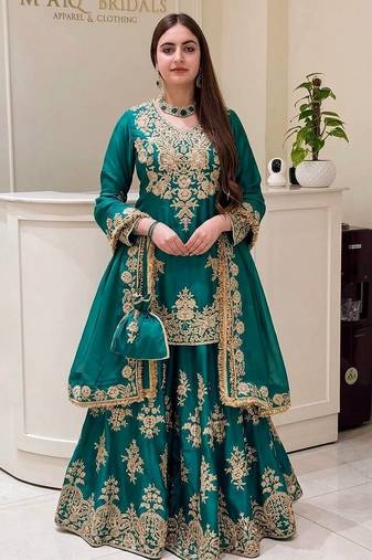 Green heavy natural silk party wear embroidery suit set