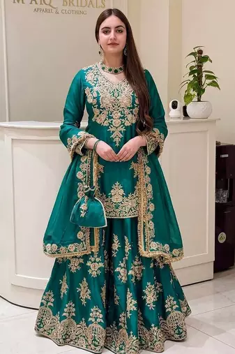 Green heavy natural silk party wear embroidery suit set