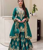 Green heavy natural silk party wear embroidery suit set
