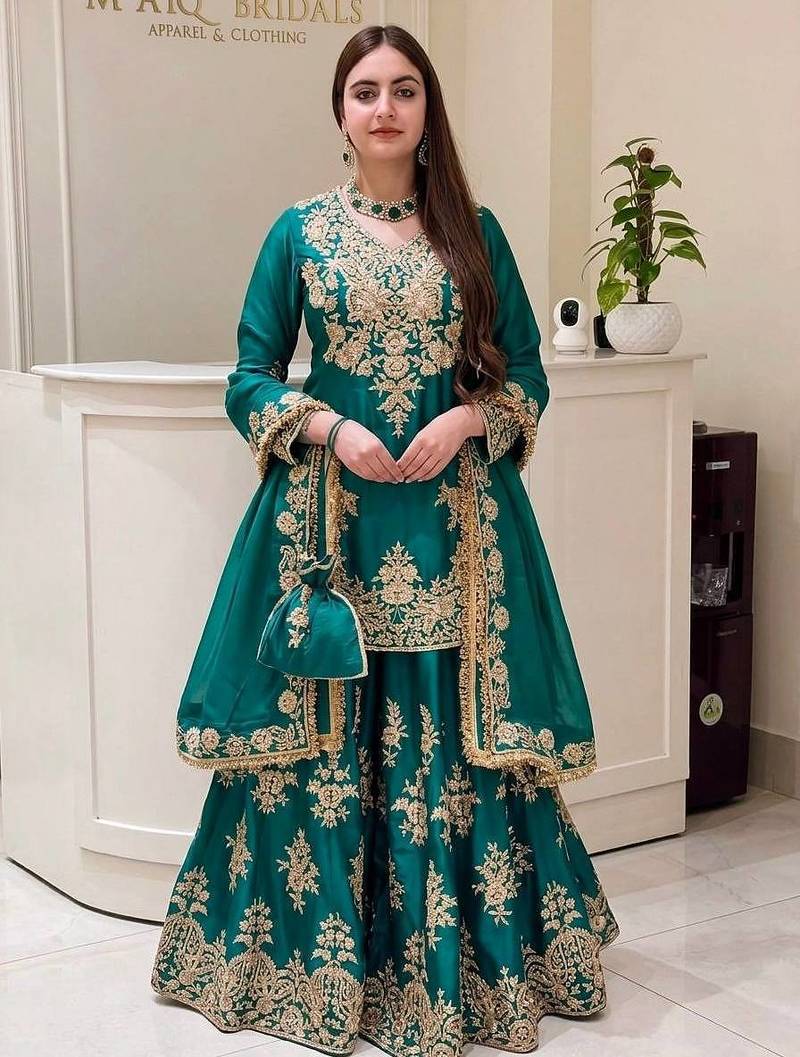 Green heavy natural silk party wear embroidery suit set