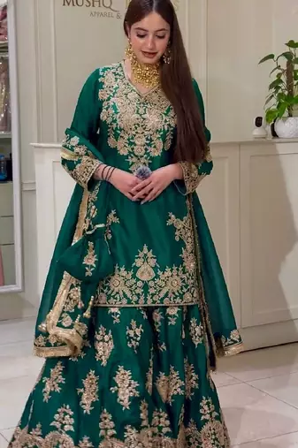 Green heavy natural silk party wear embroidery suit set