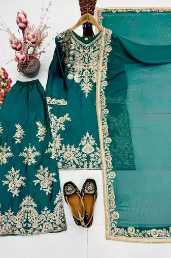 Green heavy natural silk party wear embroidery suit set