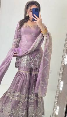 Lavender heavy fandy silk party wear embroidery sharara suit set 1