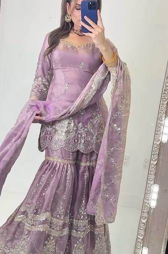 Lavender heavy fandy silk party wear embroidery sharara suit set