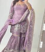 Lavender heavy fandy silk party wear embroidery sharara suit set
