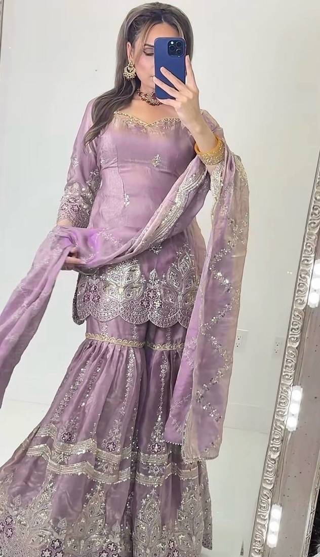 Lavender heavy fandy silk party wear embroidery sharara suit set