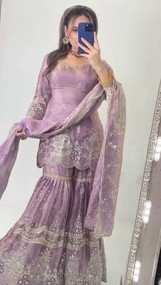 Lavender heavy fandy silk party wear embroidery sharara suit set 2