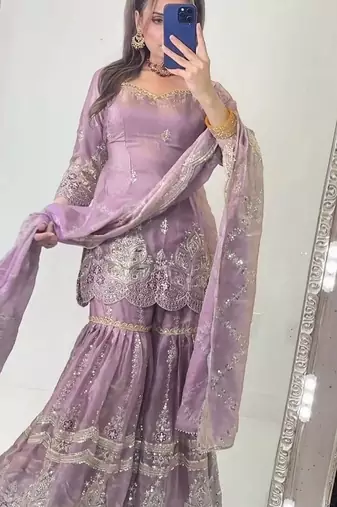 Lavender heavy fandy silk party wear embroidery sharara suit set