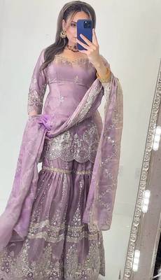 Lavender heavy fandy silk party wear embroidery sharara suit set 3