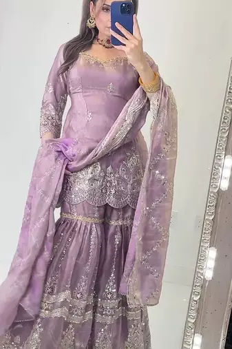 Lavender heavy fandy silk party wear embroidery sharara suit set