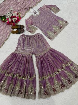 Lavender heavy fandy silk party wear embroidery sharara suit set 4