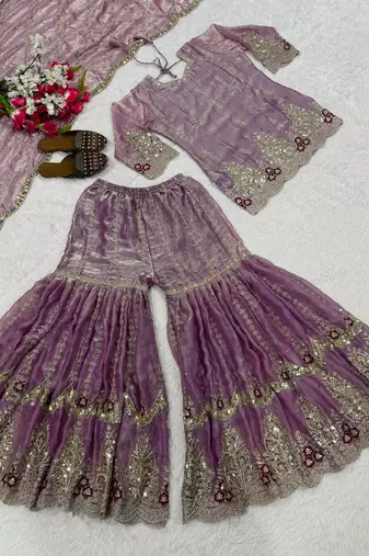 Lavender heavy fandy silk party wear embroidery sharara suit set