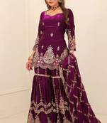 Wine heavy fandy silk party wear embroidery sharara suit set