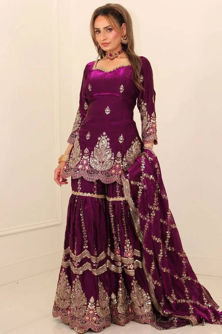 Wine heavy fandy silk party wear embroidery sharara suit set