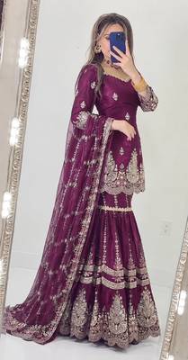 Wine heavy fandy silk party wear embroidery sharara suit set 2