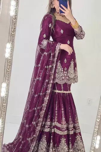 Wine heavy fandy silk party wear embroidery sharara suit set